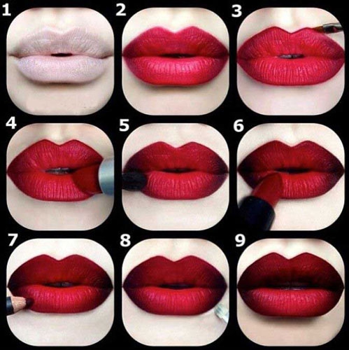 Пошаговое фото выполнения макияжа губ с эффектом омбре в красном цвете
